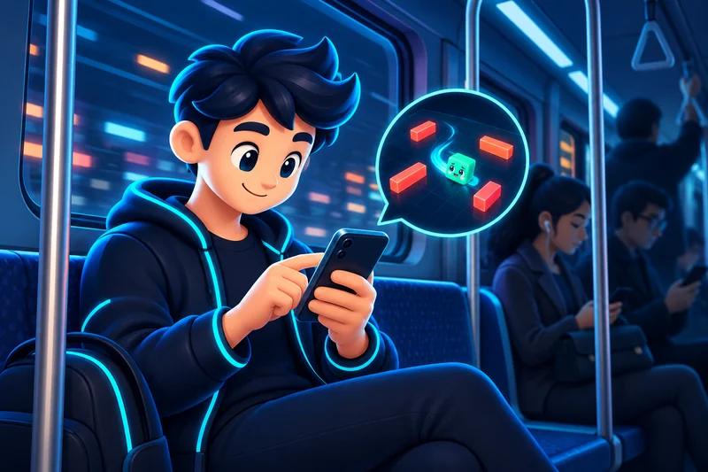 Неоновая 3D-иллюстрация: игрок сидит в метро с телефоном